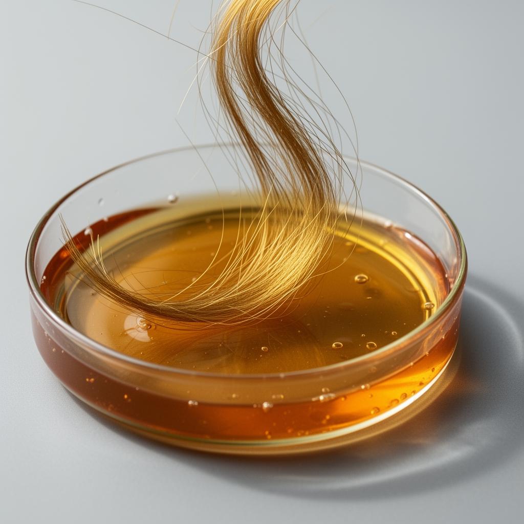 Hair strand suspended in a glass dish of serum — trichology research